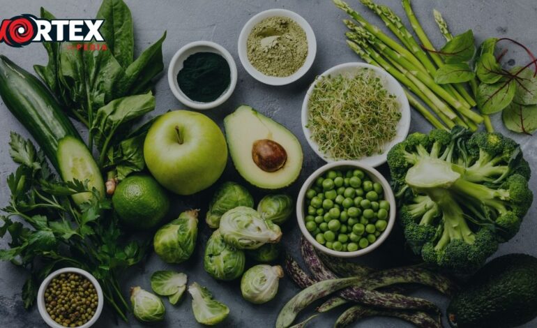 Green Natural Foods are lying on the table.