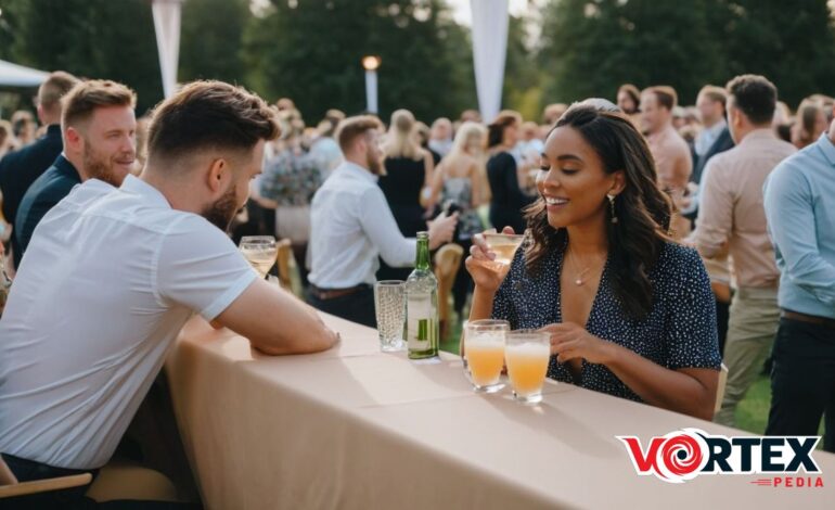 People socializing at an outdoor event with drinks on the table.