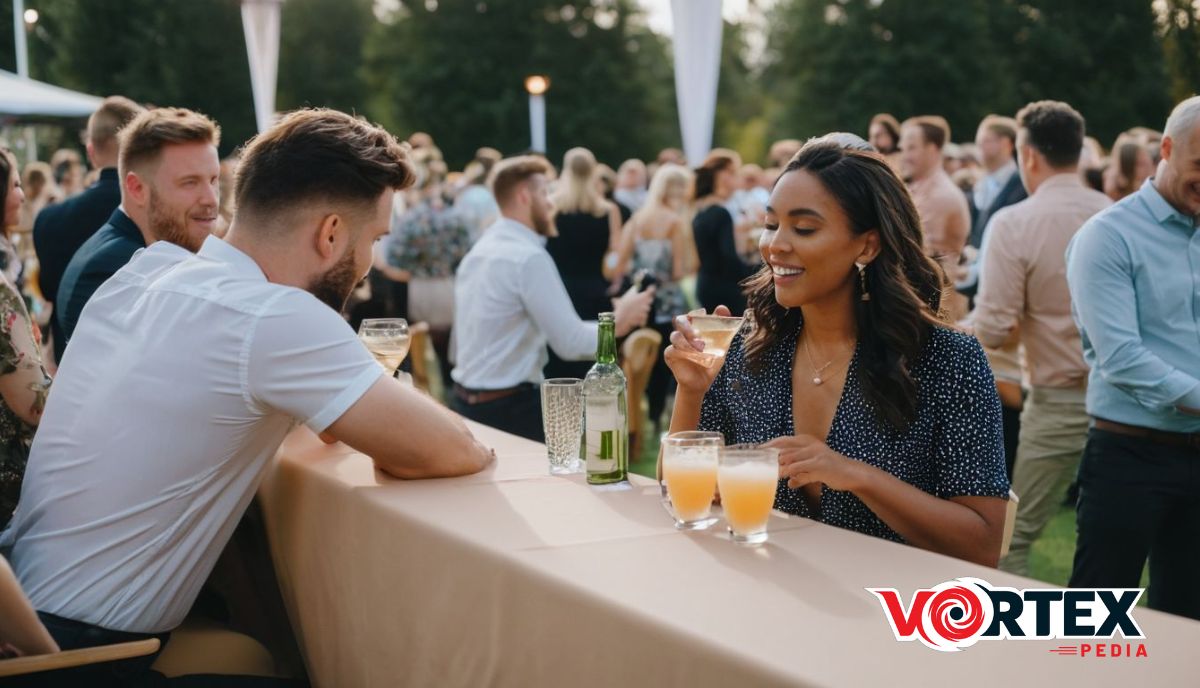 People socializing at an outdoor event with drinks on the table.