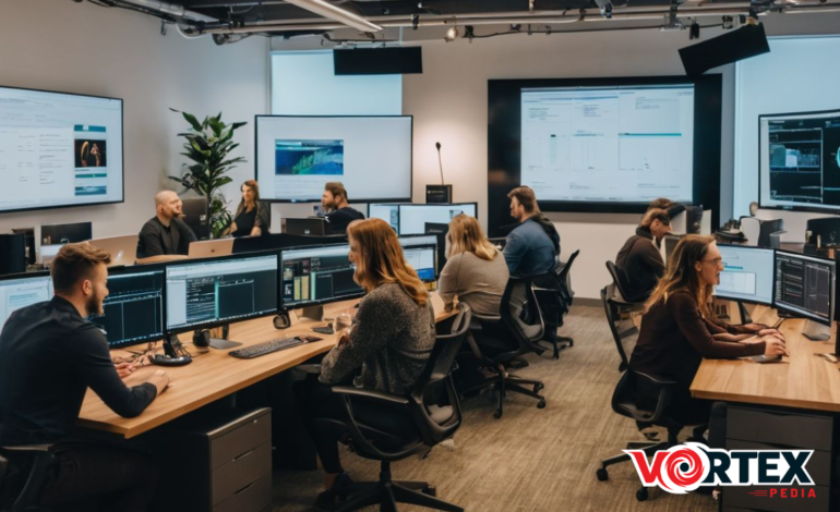 This image showing a group of people in a room with computers.