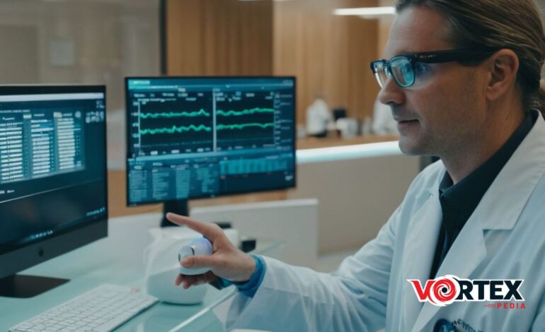 A man(doctor) in a white coat and glasses looking at a computer screen.