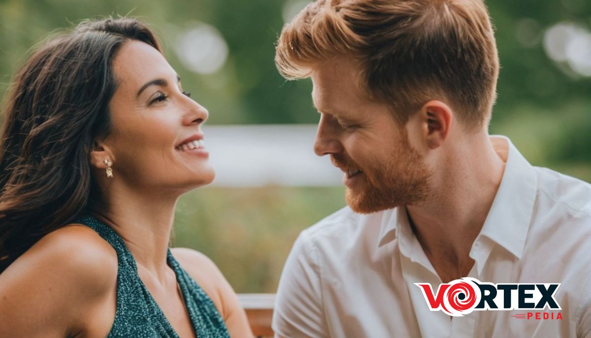 A man and woman looking at each other.