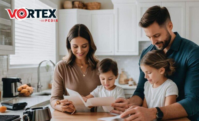 A family looking at a piece of paper.