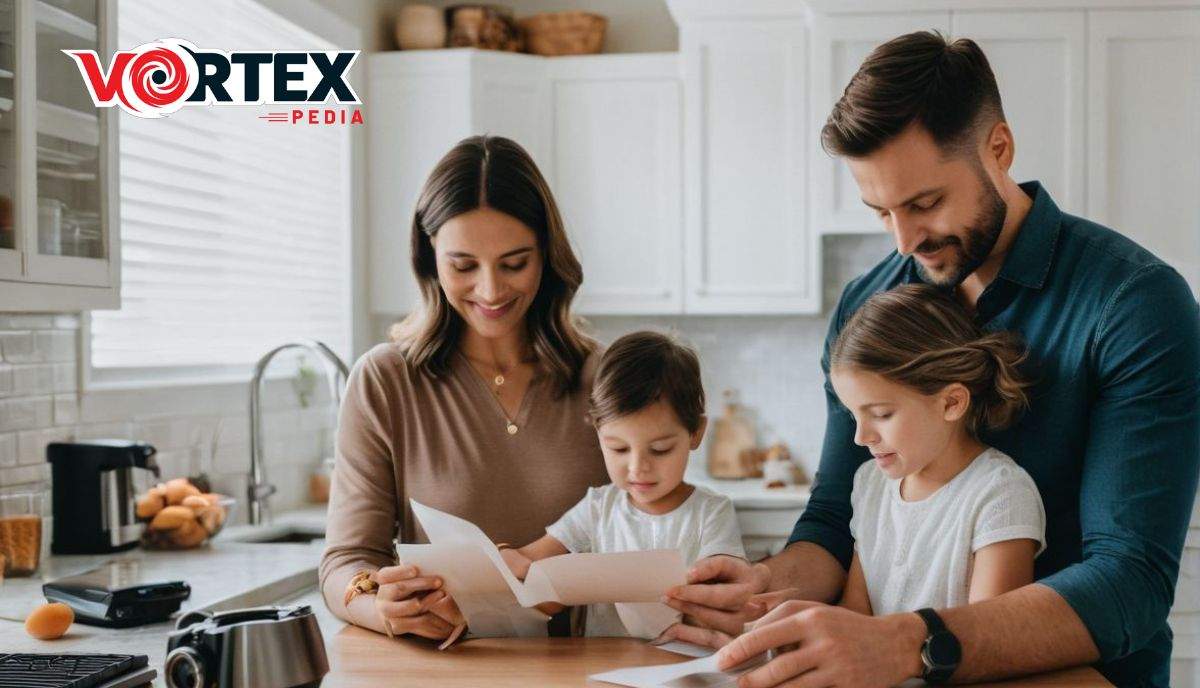 A family looking at a piece of paper.