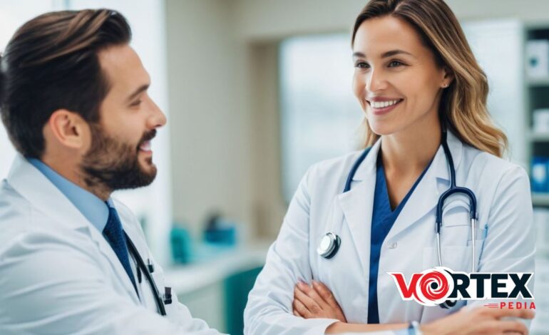 This image showing a man and woman doctor in white lab coats.