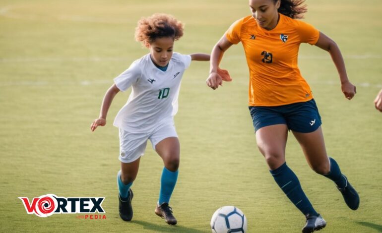 This image showing a couple of girls playing football on the ground.