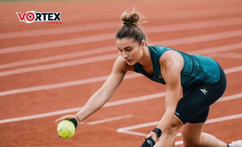 This image showing a woman on a track holding a ball.