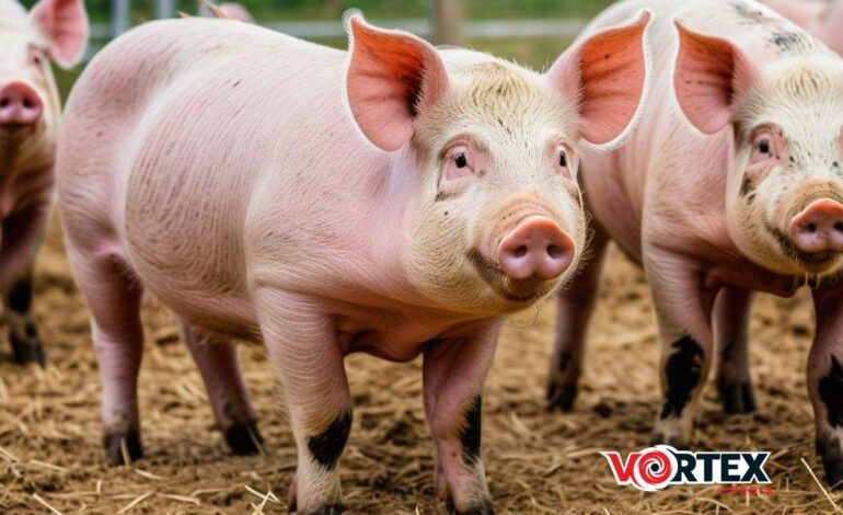 This image showing a group of pigs standing in dirt.