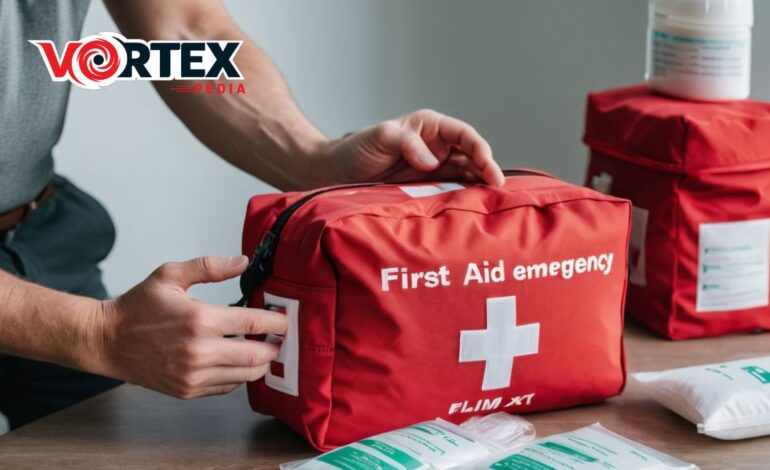 A person putting a first aid kit on a table.