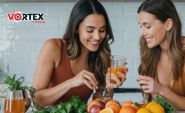 A couple of women smiling and holding glasses of juice.