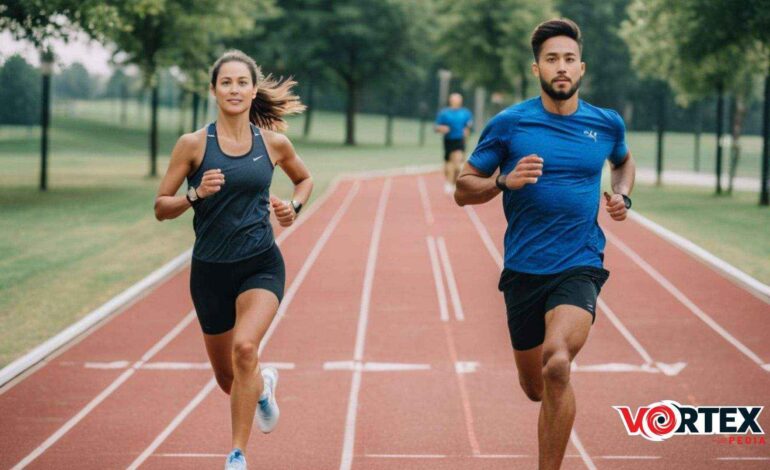 A man and woman running on a track.