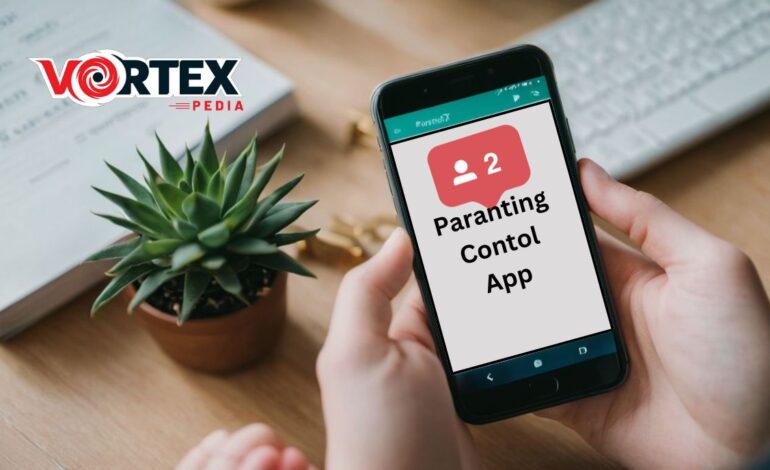 Person holding smartphone with "Parenting Control App" on screen, beside a potted plant and book.