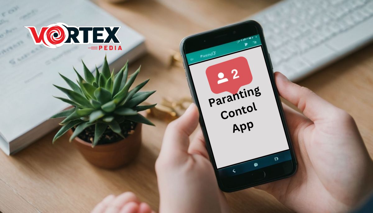 Person holding smartphone with "Parenting Control App" on screen, beside a potted plant and book.