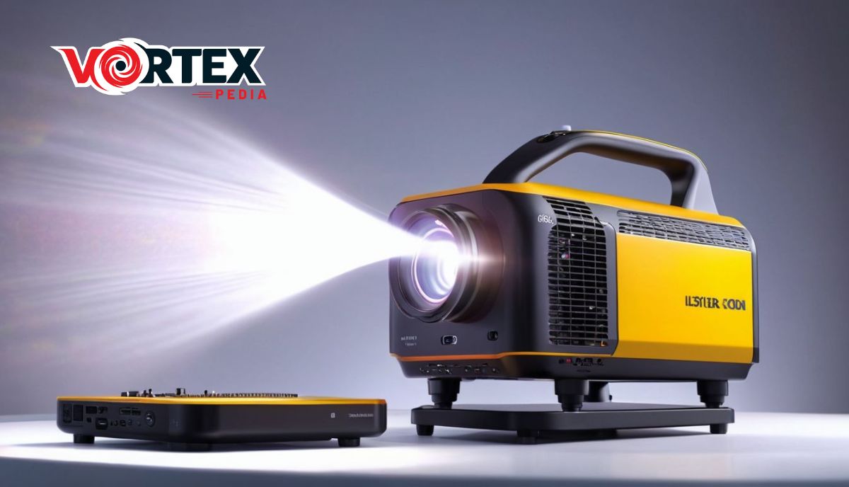 Yellow and black projector emitting bright light with a media player beside it, on a reflective surface.