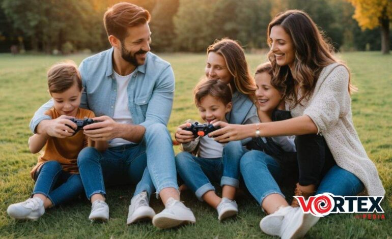 A group of five people, including three children, sit on grass outside using gaming controllers. Two adults on the ends are guiding the children.