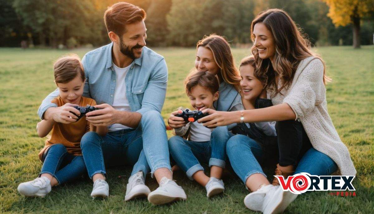 A group of five people, including three children, sit on grass outside using gaming controllers. Two adults on the ends are guiding the children.