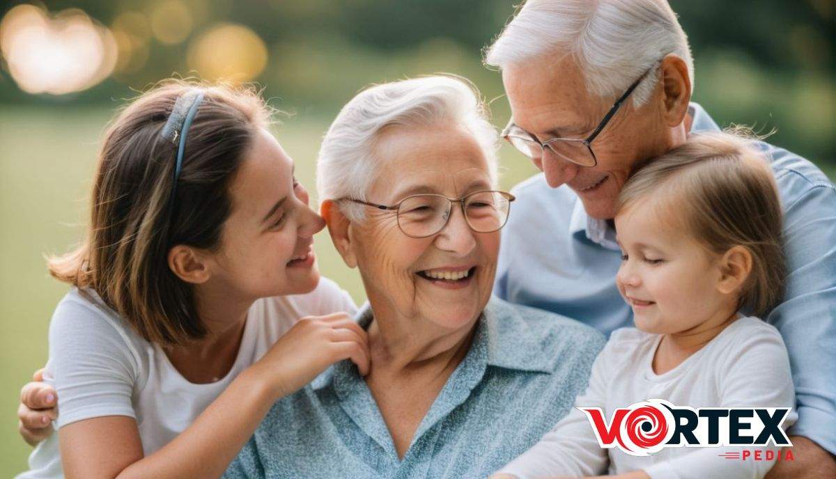 An elderly couple sits outdoors with two young girls, all smiling and sharing a joyful moment together.