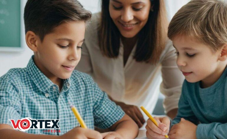 A woman helps two young boys who are writing in notebooks at a table, teaching money management. The boys are focused on their work, while the woman smiles and observes.