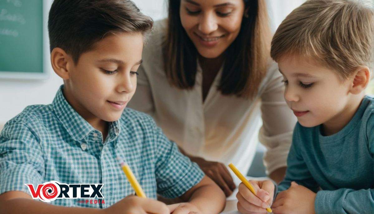 A woman helps two young boys who are writing in notebooks at a table, teaching money management. The boys are focused on their work, while the woman smiles and observes.