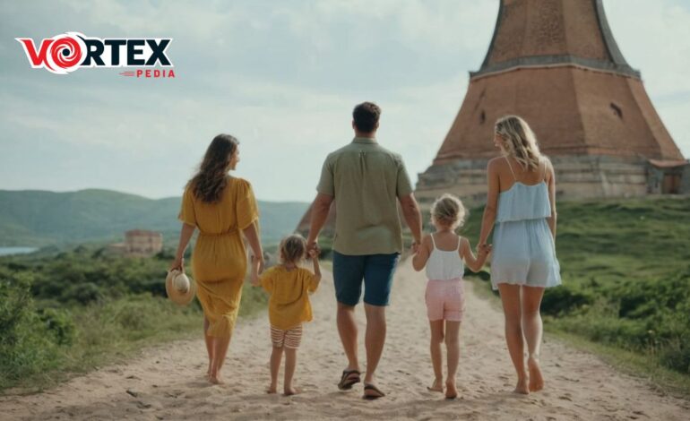 A family walking down a dirt road with a windmill in the background.