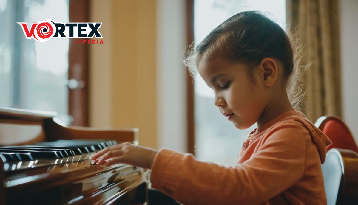 A little girl playing a piano in a room.