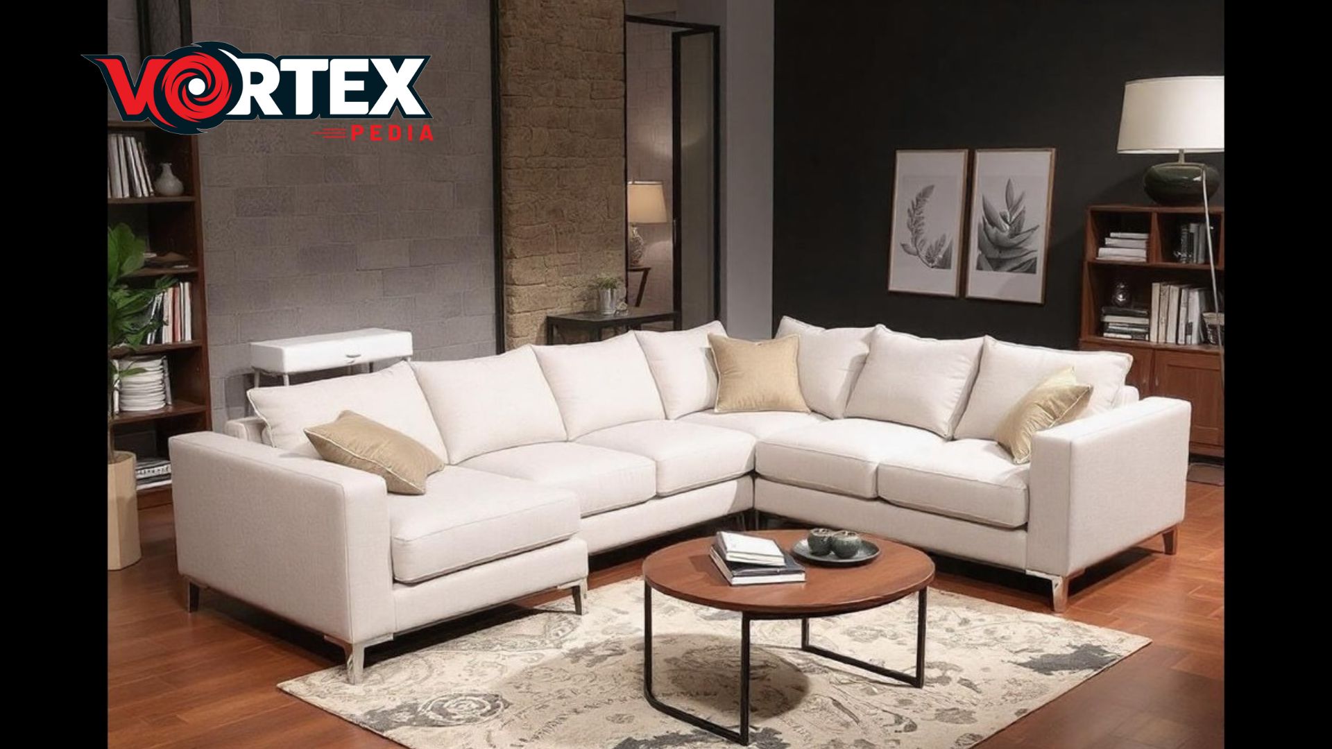 The L-shaped Sofas are lying in the room with the logo image of vortexpedia.