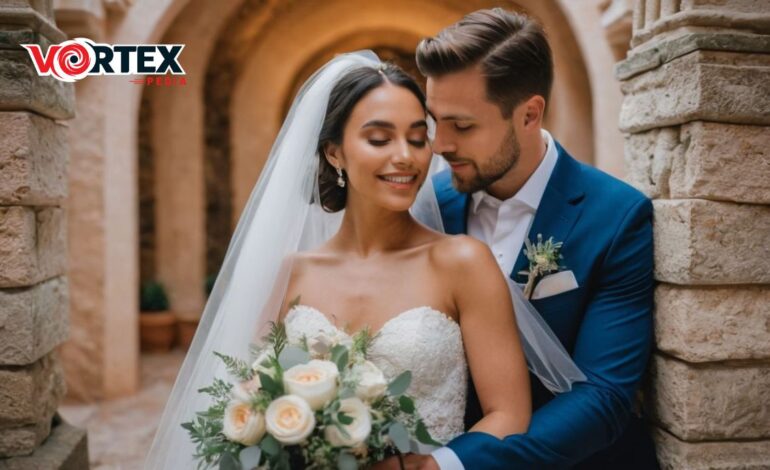 A bride and groom embracing, with the bride holding a bouquet.