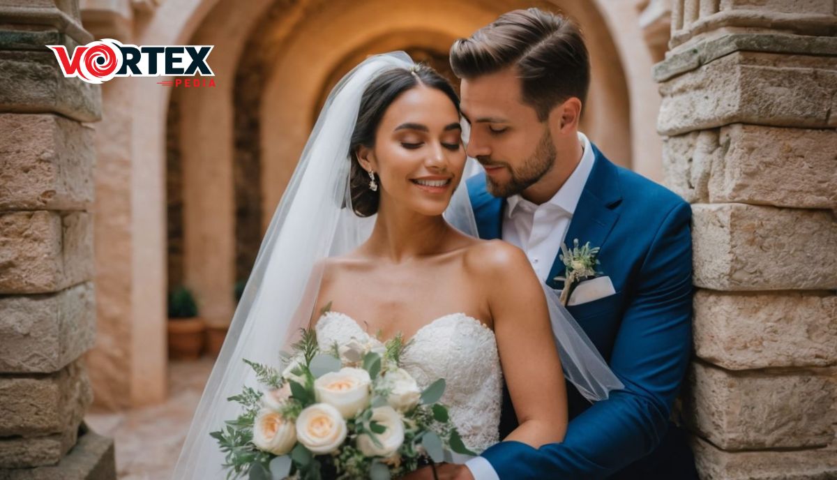 A bride and groom embracing, with the bride holding a bouquet.