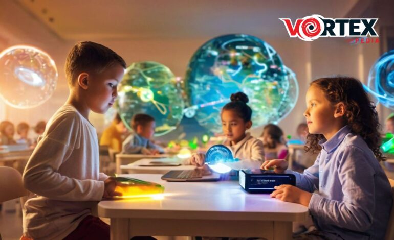 Children in a classroom with futuristic holographic educational tools.