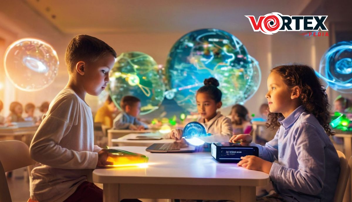 Children in a classroom with futuristic holographic educational tools.