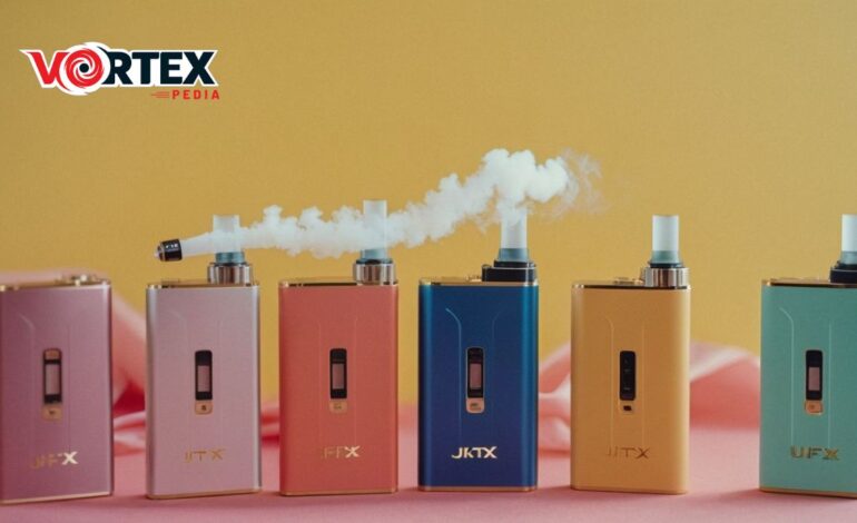 A row of colorful vaping devices with one emitting smoke against a yellow background.