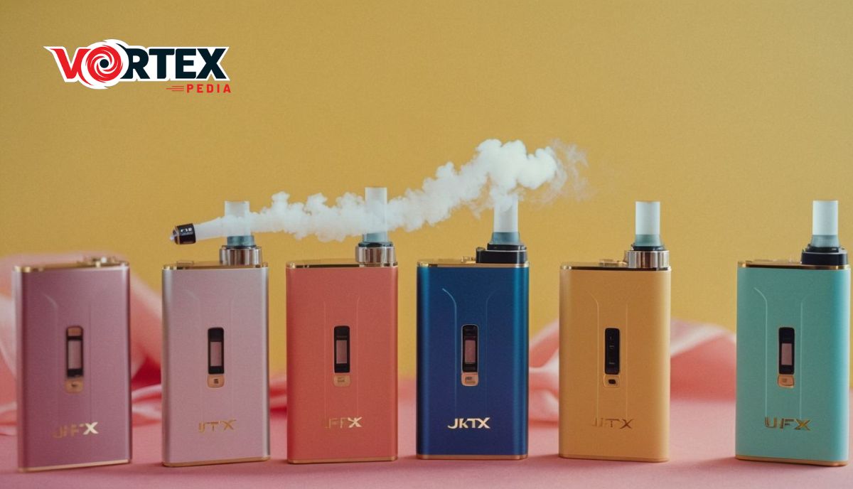 A row of colorful vaping devices with one emitting smoke against a yellow background.