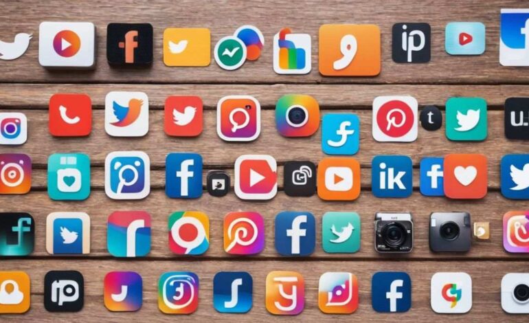 Various social media and app icons scattered on a wooden surface.