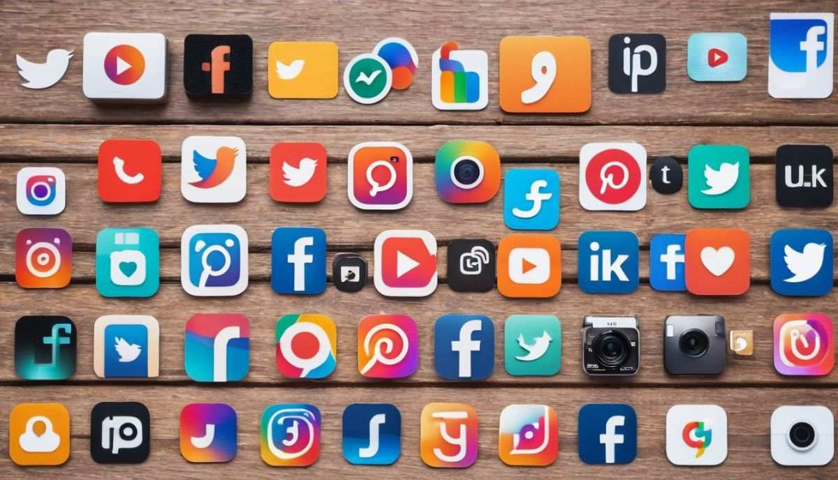 Various social media and app icons scattered on a wooden surface.