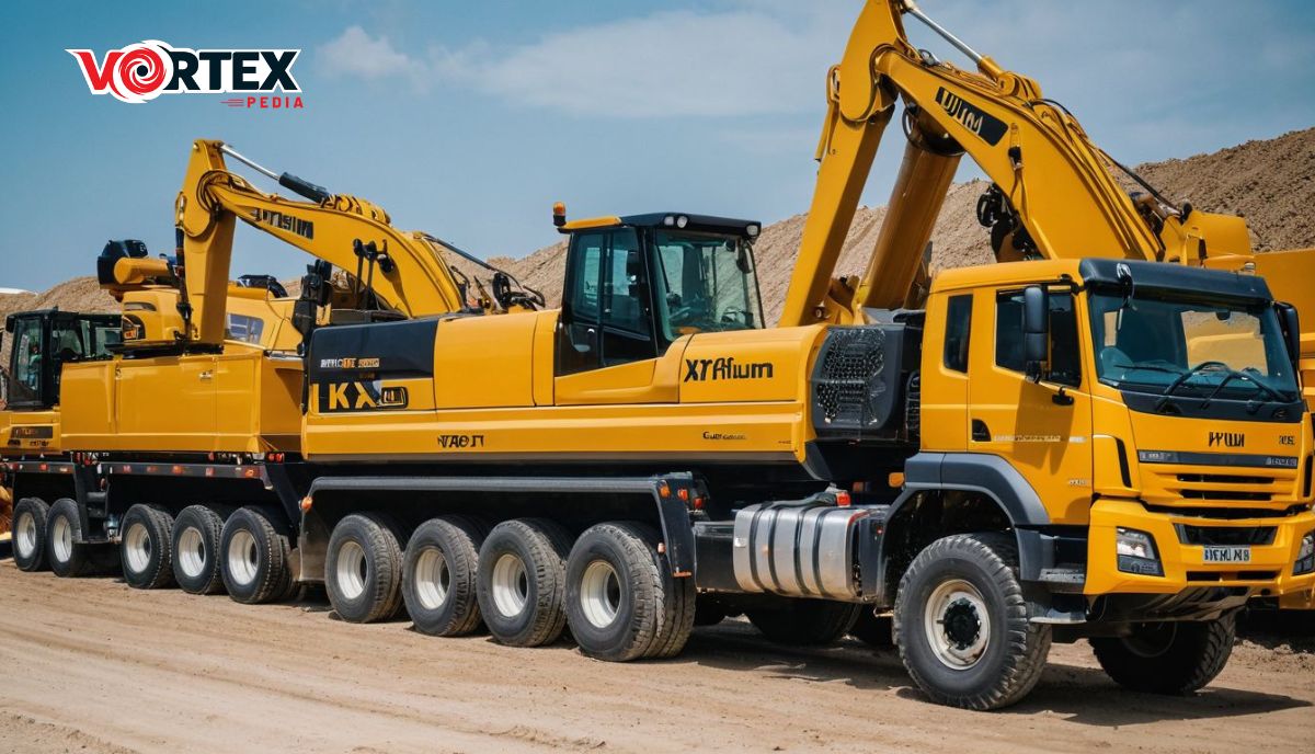 Two yellow mobile cranes on a construction site with logos visible.