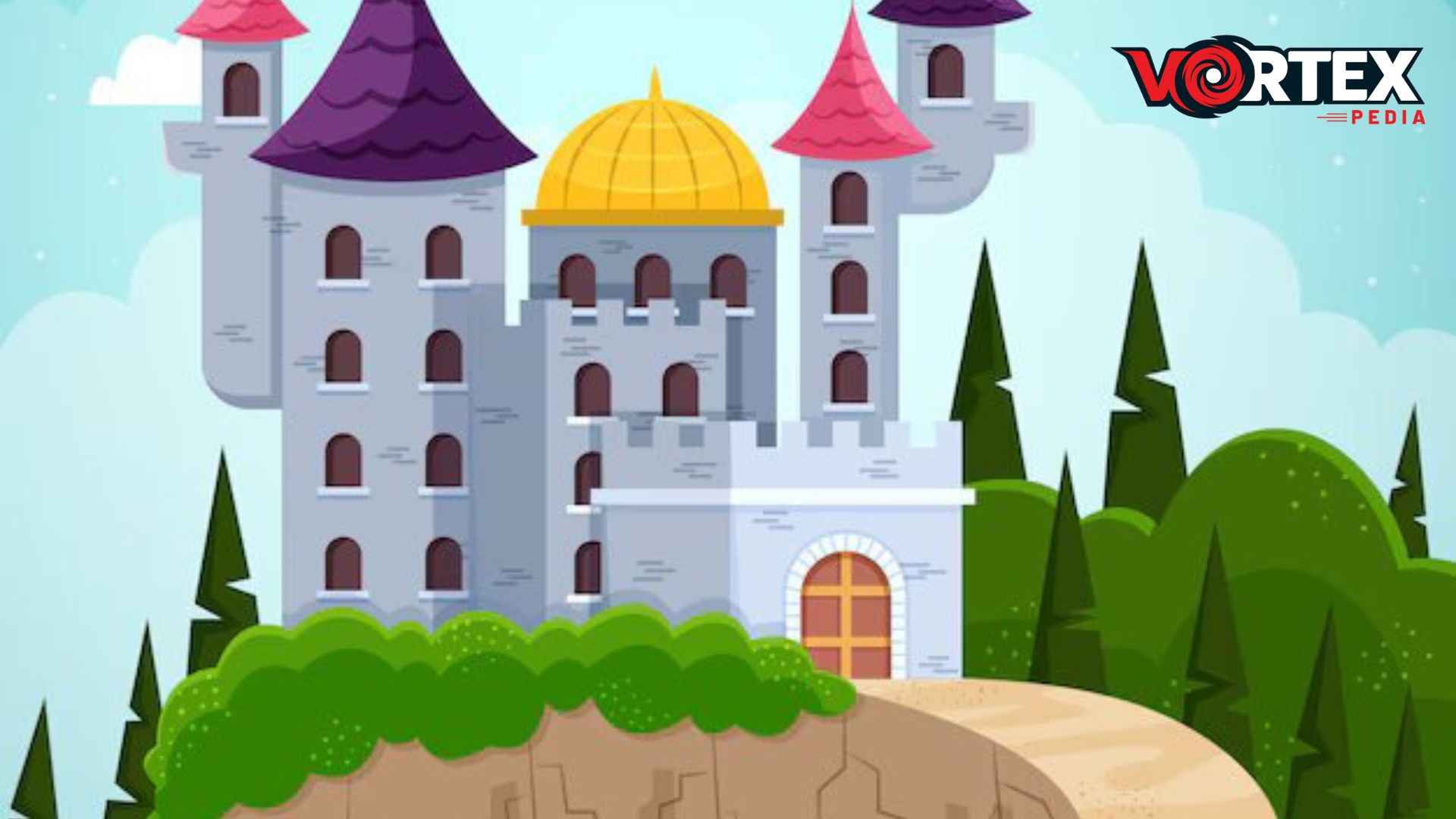 A cartoon castle with trees and a path