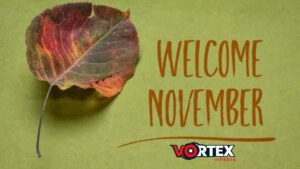 This image is showing the text "Welcome November" and close up of a leaf.