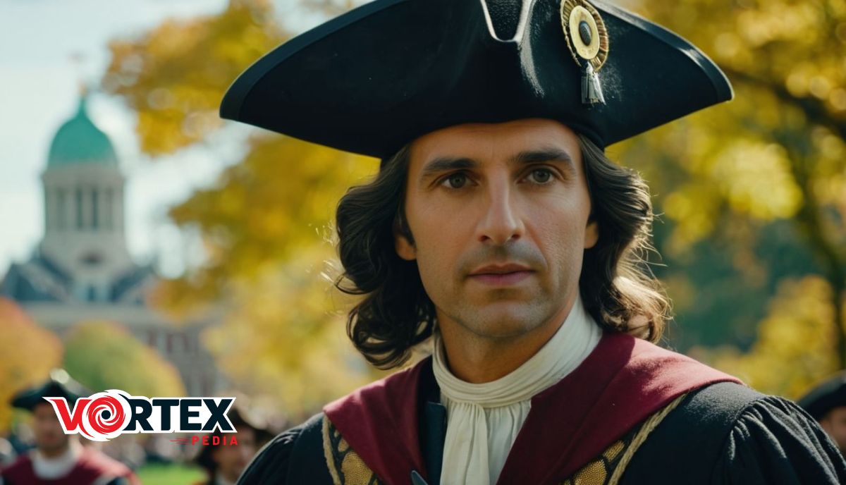 Person in historical costume with a tricorne hat, outdoors, with a building in the background.