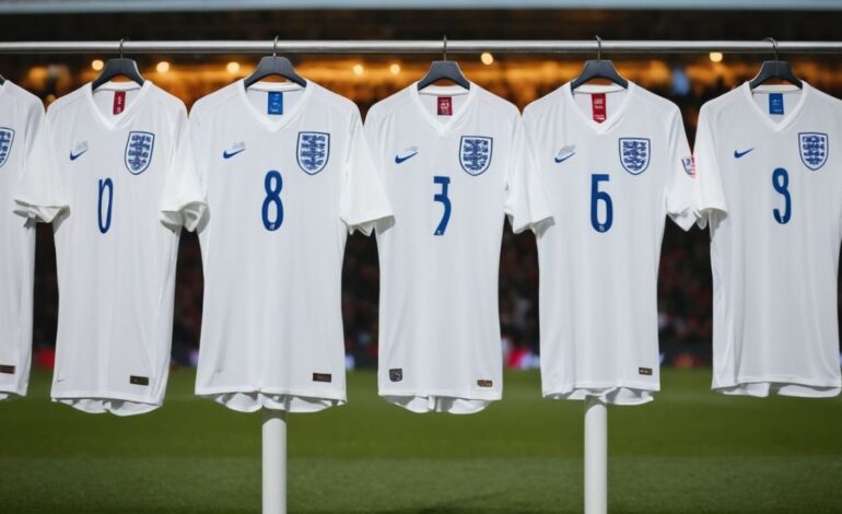 Five English football jerseys with numbers 0, 8, 3, 6, and 9 hanging on a rail.