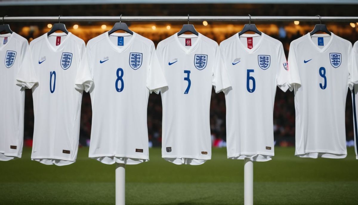 Five English football jerseys with numbers 0, 8, 3, 6, and 9 hanging on a rail.