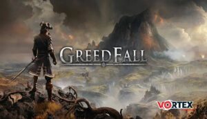 Warrior overlooking a mystical landscape with "GreedFall" title and volcano in background.