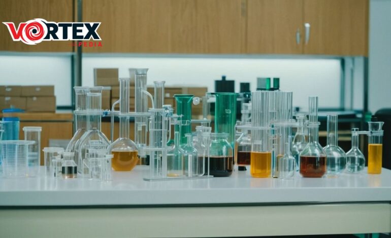 A variety of laboratory glassware or equipment with liquids on a bench, VORTEX logo in the background.