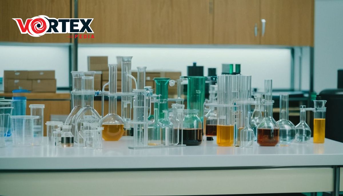 A variety of laboratory glassware or equipment with liquids on a bench, VORTEX logo in the background.