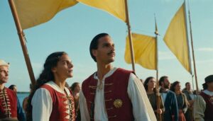 People in historical attire with yellow flags by the sea.