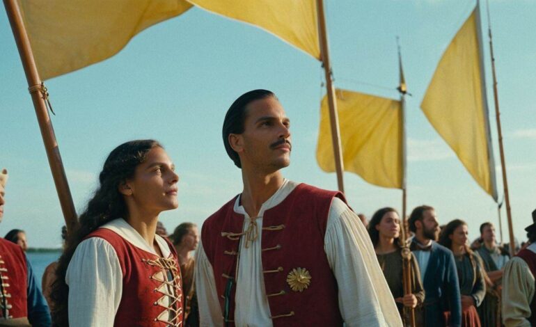 People in historical attire with yellow flags by the sea.