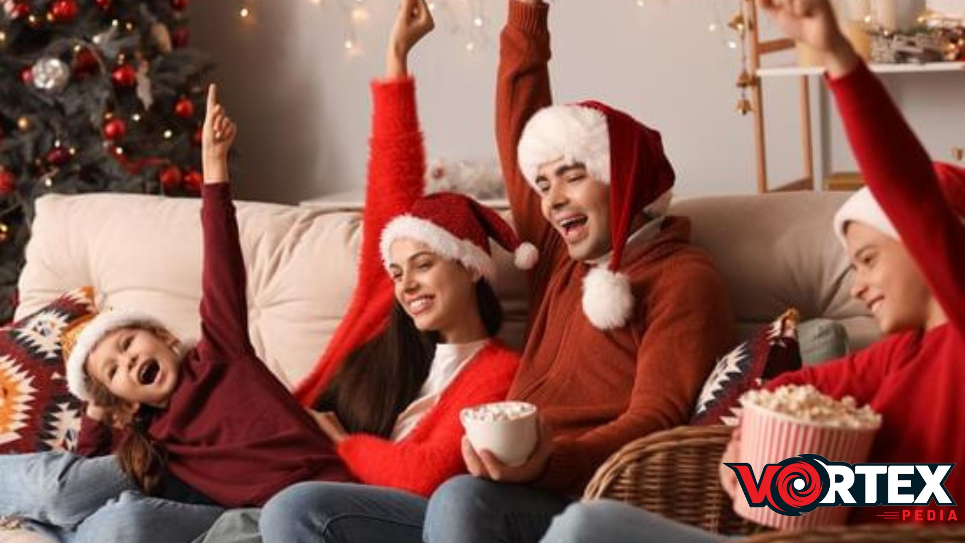 A family is watching the movie and wearing Christmas dresses enjoying the season.