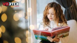 a cute child reading a holiday book