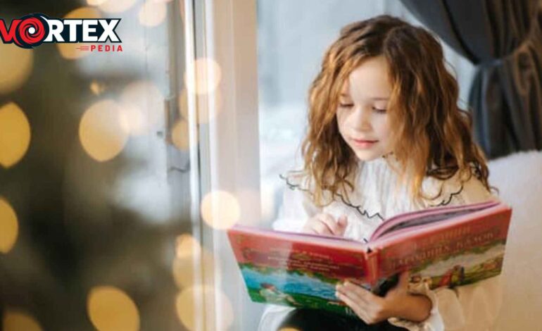 a cute child reading a holiday book