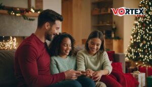 Three people sitting on a couch in a festive room with a lit Christmas tree.