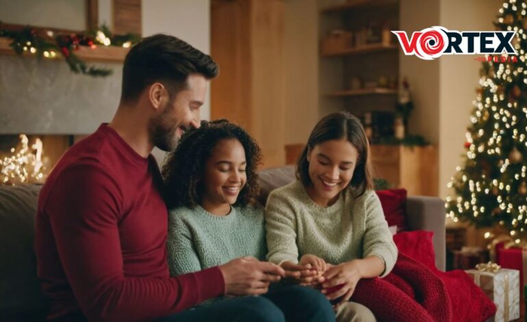 Three people sitting on a couch in a festive room with a lit Christmas tree.